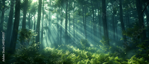 A majestic redwood forest with shafts of sunlight filtering through the canopy