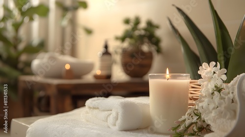 A simple yet elegant packaging design featuring a luxury hyacinth candle, positioned in a spa-like setting with fresh towels and plants. Shot in 8K