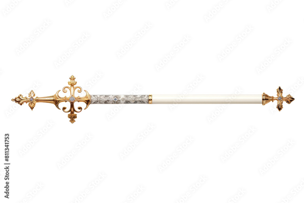 A long, thin, gold and white sword with a cross on the handle. The sword is very ornate and has a lot of detail A long, thin, gold and white sword with a cross on the handle. The sword is very ornate and has a lot of detail