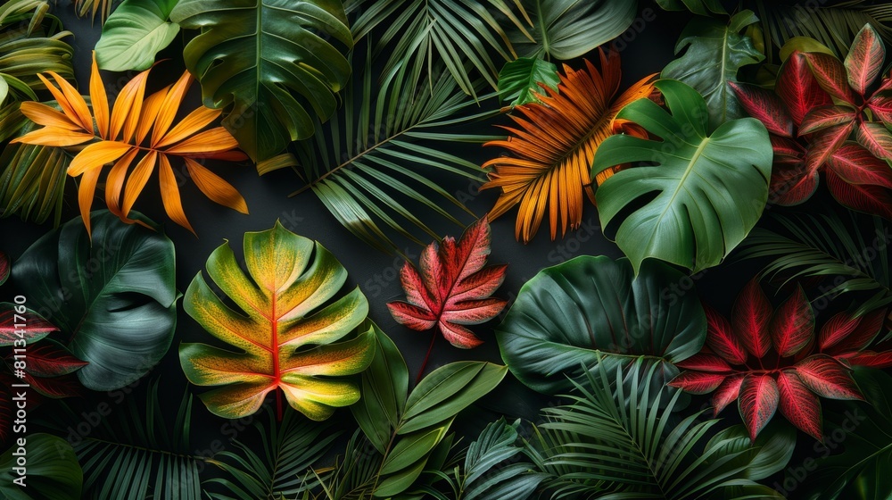 Greenery with tropical leaves on a black background