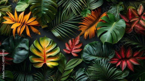 Greenery with tropical leaves on a black background