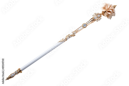 A long white stick with a flower on the end. The stick is made of gold and has a lot of detail on it