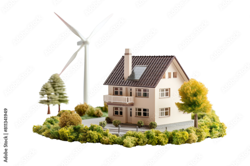 A house with a windmill in the background. The house is white and has a lot of windows. The scene is peaceful and serene, with the house A house with a windmill in the background. The house is white and has a lot of windows. The scene is peaceful and serene, with the house
