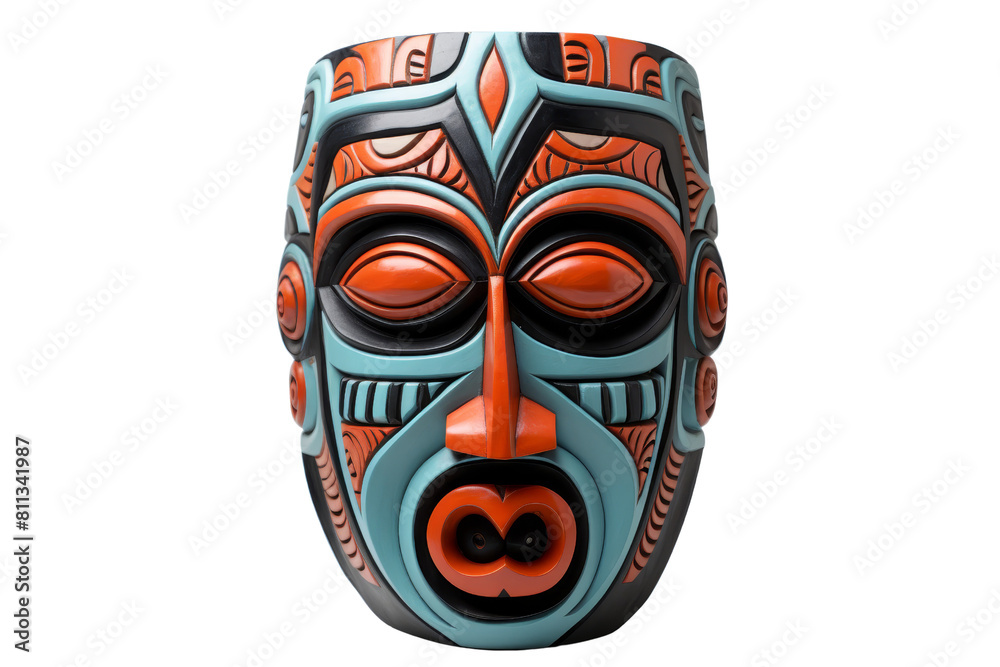 A blue and orange mask with a black nose. The mask is made of wood and has a tribal design A blue and orange mask with a black nose. The mask is made of wood and has a tribal design