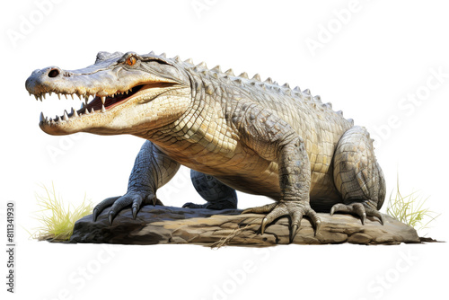 A large crocodile is sitting on a rock. The crocodile has its mouth open and is smiling