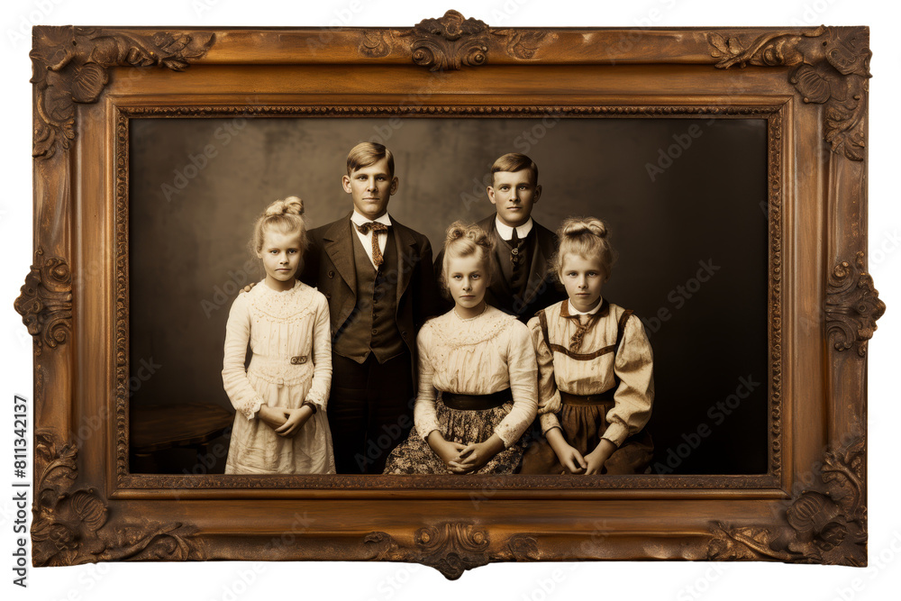 A family portrait of a family of five, including a young girl and a young boy. The family is dressed in old-fashioned clothing, and the photo is black and white. Scene is nostalgic and sentimental