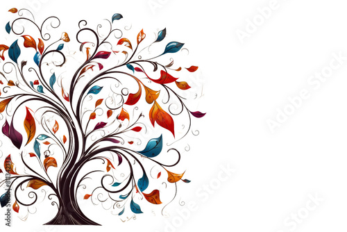 A tree with leaves of different colors and a white background. The tree is the main focus of the image