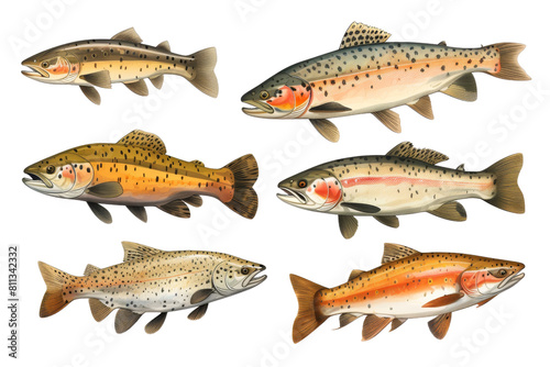 A collection of different types of fish, including rainbow trout, are shown in various sizes and colors