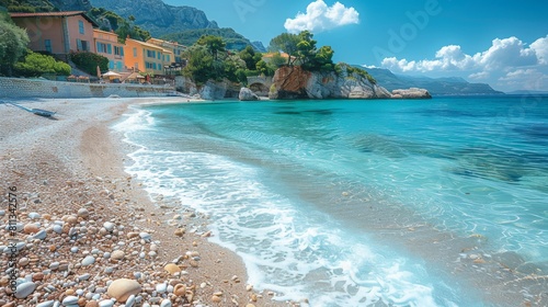 A picture of the Mediterranean coastline, turquoise water, blue sky in a sunny summer day in France.