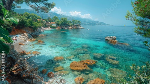 Stunning summer scene of the Riviera coast, turquoise waters and blue sky of Cote d'Azur, France, tonality