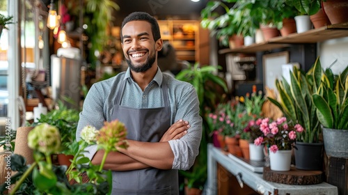 a smiling male florist standing amidst colorful blooms in a flower shop  wearing a grey apron  gazing thoughtfully away  embodying the spirit of entrepreneurship in a small floral business.