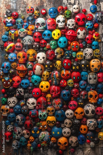 A large number of skulls are displayed on a wall, AI