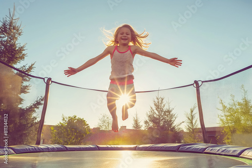 Little girl jumping on a trampoline outdoors on a sunny summer day. Sports and outdoor activities for children