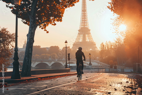 Male biker riding a bicycle at early morning on a street of Paris, France.