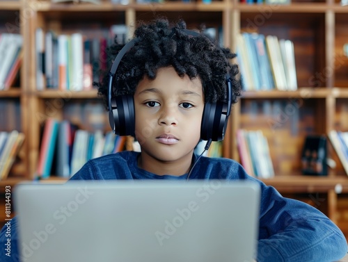 Happy Schoolkid Studying Online Using Laptop Wearing Headphones