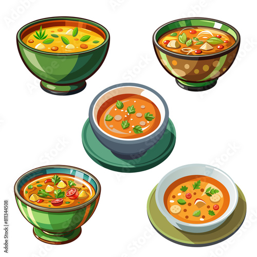 Set of soup delicious food in bowl cartoon style on white background