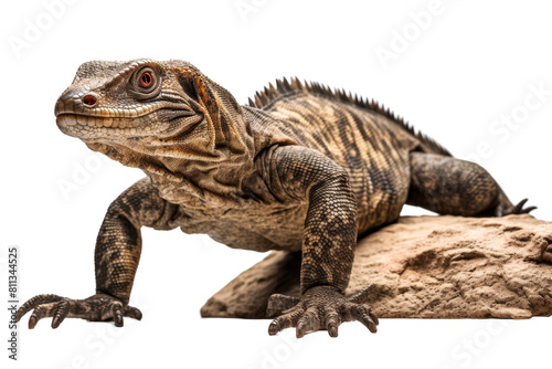 A lizard is laying on a rock. The lizard is brown and black with a white stripe down its back