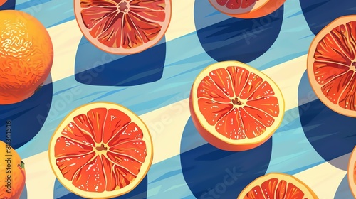 slices of red oranges are placed on a blue striped background, creating a vibrant and refreshing pattern. photo
