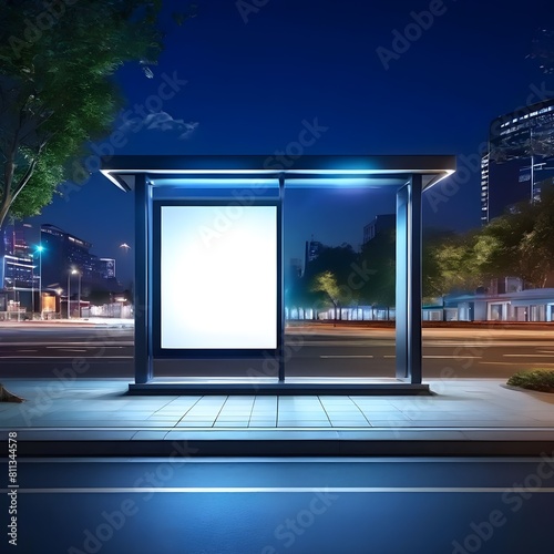 Empty Billboard Mockup on Bus Stop at Roadside in City Outdoor Blank Advertising Space in Light Box, Billboard at Night in the city, 
