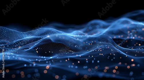 Abstract blue and orange glowing particles wave on black background. Futuristic technology or science concept.