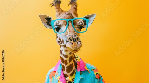 Funny giraffe in blue eyeglasses and hawaiian shirt on yellow background. photo