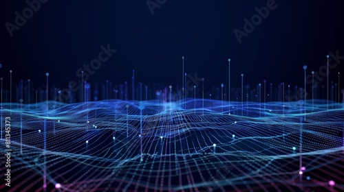 Abstract glowing blue and purple digital wave particles form a futuristic landscape.