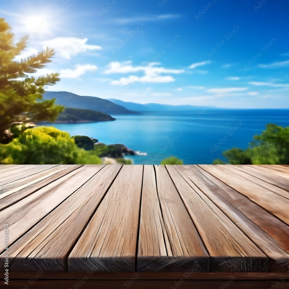 An empty wooden tabletop with a blurred natural backdrop, featuring a serene sunny day, sea and mountain vistas, providing an ideal space for product or cosmetic advertisements and promotions.