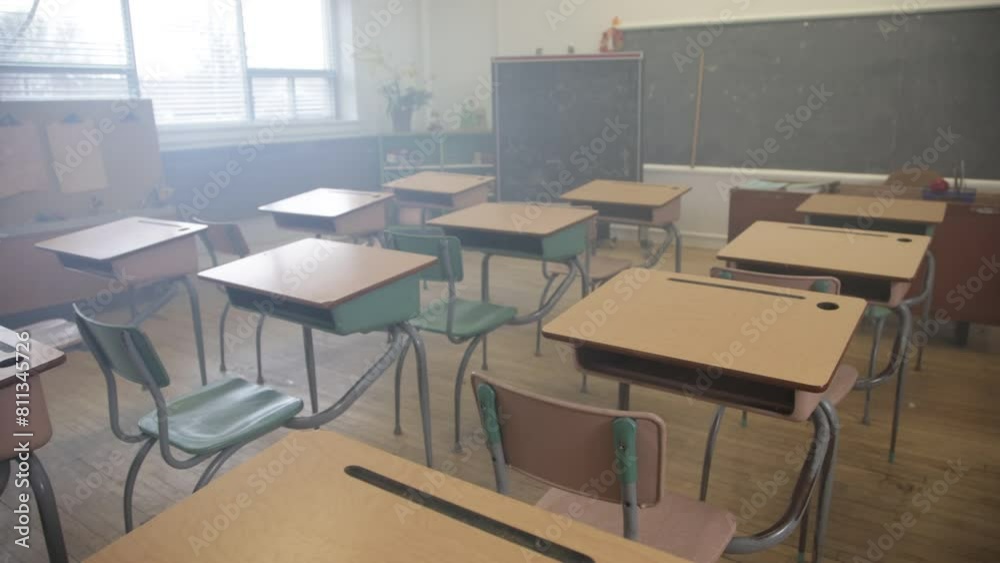 Empty school class room with old fashioned desks Empty school class room with old fashioned desks