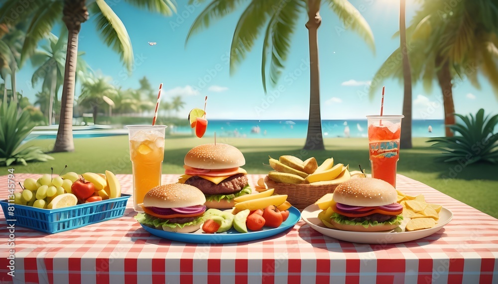 Obraz premium international picnic day with all picnic stuff including drinks fast food junk food and so many other items of eating are holding on a cloth behind it a attractive view of nature concept