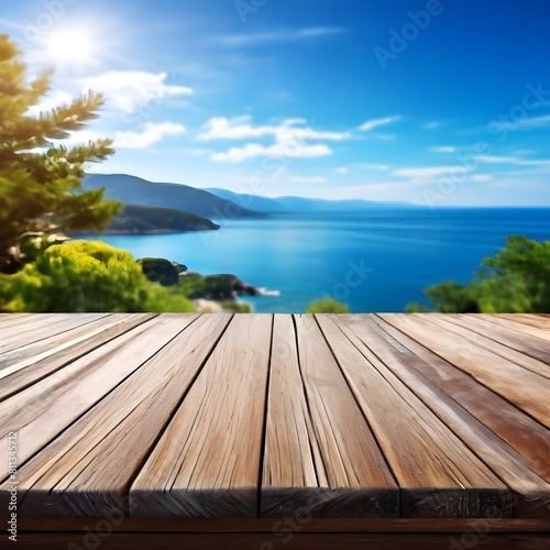 An empty wooden tabletop with a blurred natural backdrop  featuring a serene sunny day  sea and mountain vistas  providing an ideal space for product or cosmetic advertisements and promotions.
