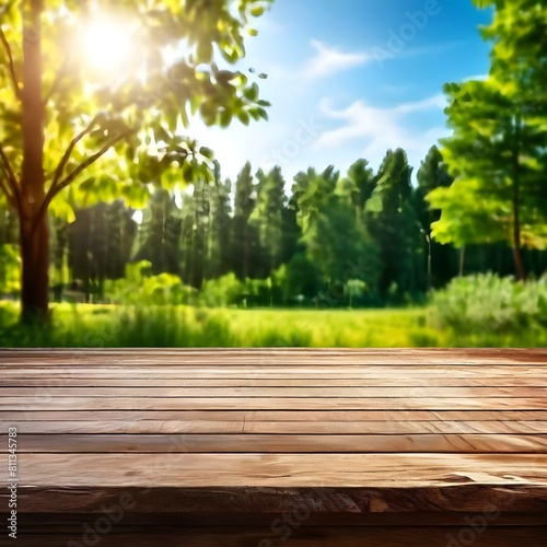 Empty Wooden Tabletop with Blurred Nature Background Tranquil Sunny Day Evening in a Garden Setting for Product advertisement or promotions, Graphic Resources, Ai Generative Illustrative, 