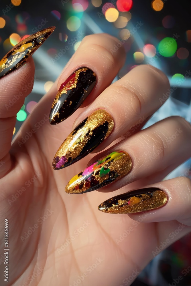 A person holding up gold and black nails with glitter. A person holding up gold and black nails with glitter.
