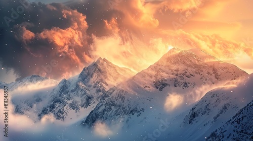 a mountain scenery in the golden hour, with clouds in the background and snow pouring down © Pter