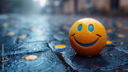A yellow smiley face sitting on a wet street with blue eyes, AI