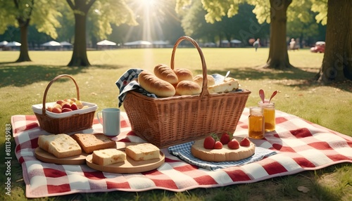 international picnic day with all picnic stuff including drinks fast food junk food and so many other items of eating are holding on a cloth behind it a attractive view of nature concept