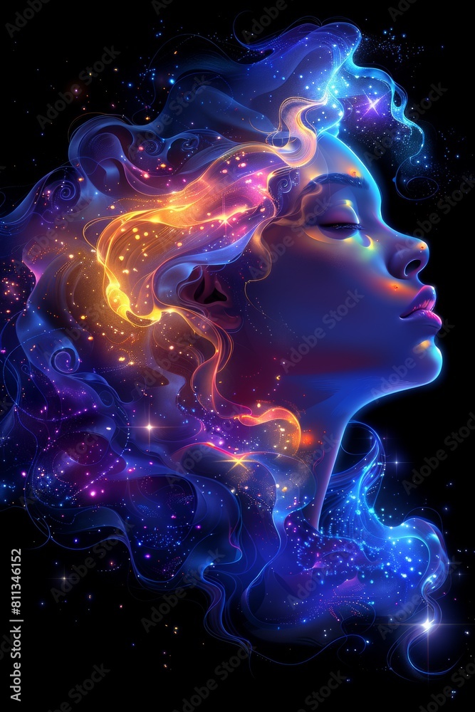 A woman with long hair and stars in her eyes, AI A woman with long hair and stars in her eyes, AI