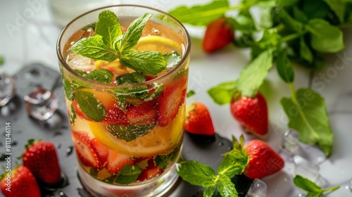 American cuisine. Lemonade with mint, tarragon and strawberries. 