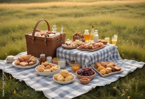 international picnic day with all picnic stuff including drinks fast food junk food and so many other items of eating are holding on a cloth behind it a attractive view of nature concept © Hdesigns