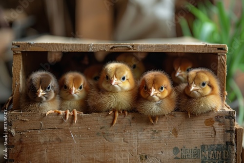 A mischievous gang of baby chicks peek from their wooden crate, curiously exploring their surroundings © Larisa AI