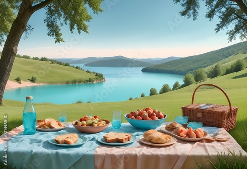 international picnic day with all picnic stuff including drinks fast food junk food and so many other items of eating are holding on a cloth behind it a attractive view of nature concept