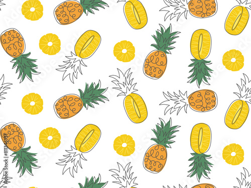 Doodle Pineapple seamless pattern. Exotic fruit outline drawn. Summer funny background. Pattern with ananas for cover, wallpaper, packaging. Ingridient for limonade, cocktail, dessert