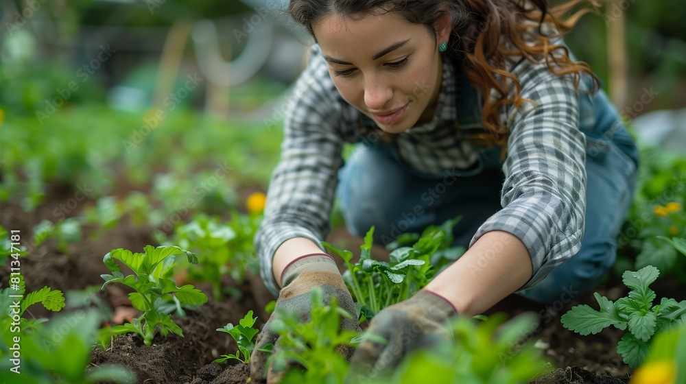 Young woman tenderly planting seedlings in a lush garden Young woman tenderly planting seedlings in a lush garden