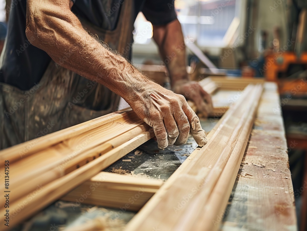 A man is working on wooden frames in a workshop. A man is working on wooden frames in a workshop.