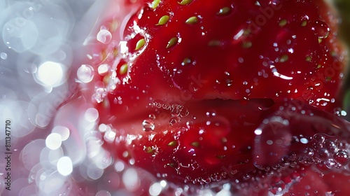 Close-up of a fresh strawberry with water droplets on its surface. The strawberry is red and juicy, with a sweet and slightly tart flavor. photo
