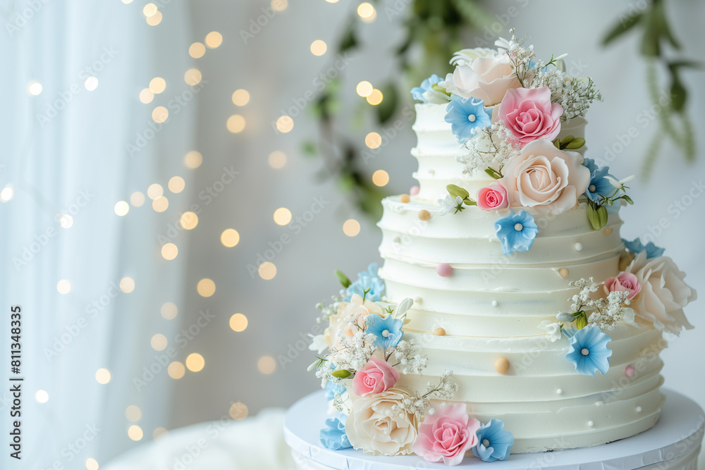 Fototapeta premium Sophisticated, elegant handmade wedding cake in white and blue colors on a holiday table. Copy space.