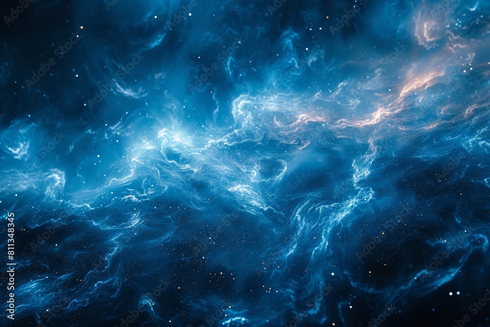 A cosmic scene depicting a deep space nebula with swirling blues and speckled stars