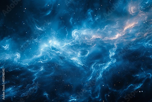 A cosmic scene depicting a deep space nebula with swirling blues and speckled stars