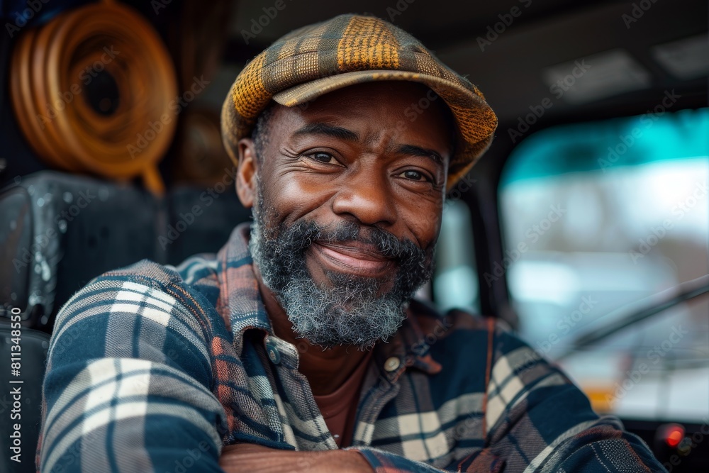 A warm portrait of a smiling man with a beard in a truck cab, wearing a flat cap, conveying a sense of friendliness and experience A warm portrait of a smiling man with a beard in a truck cab, wearing a flat cap, conveying a sense of friendliness and experience