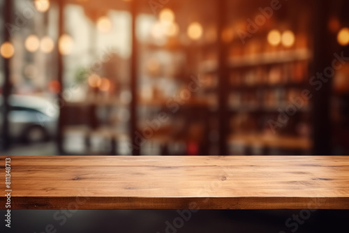 Wooden table against the background of door and display in supermarket, featuring blurred defocused backdrop with enchanting lights and place for text
