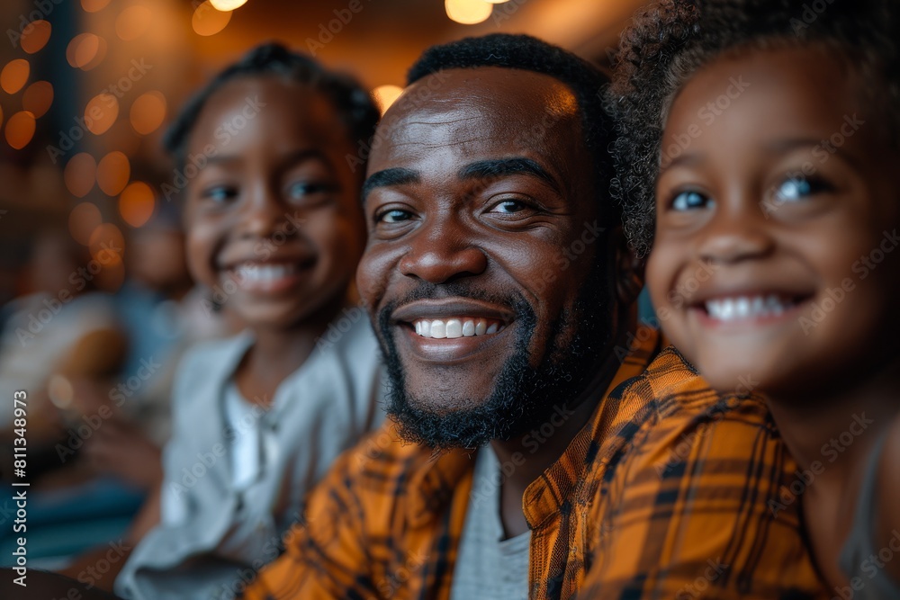 Energetic father with a wide smile among two daughters with sparkling eyes and joyful expressions